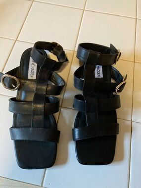 Steve Madden Black Leather Multi-Strap Sandals with Gold Buckles